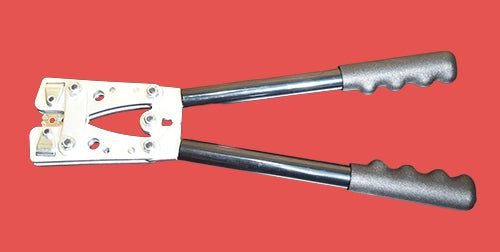 Close-up of a heavy duty copper tube crimper with black handles for precision crimping on large cable lugs
