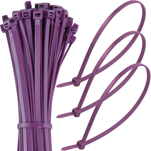 Bundle of purple cable ties with three zipped purple ties looped beside it on a white background.