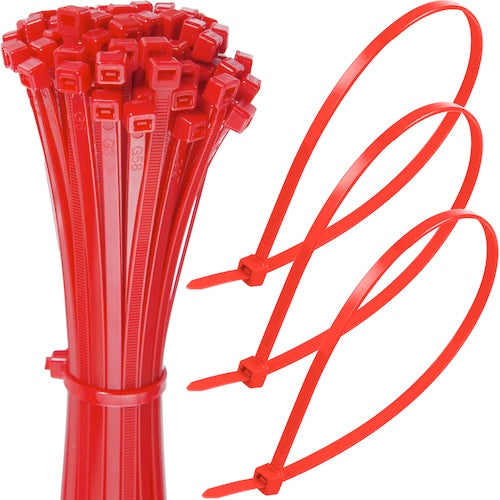 Bundle of red cable ties with three zipped red ties looped beside it on a white background.