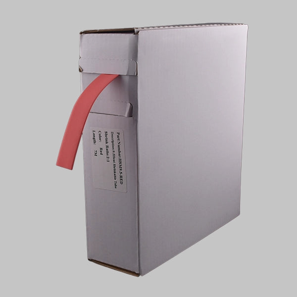 A white box containing 2:1 red heat shrink. This is a mini-reel of red heat shrink tubing, ideal for indicating live or hot wires.