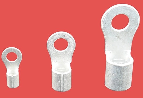 Front view of three uninsulated ring terminals in small, medium, and large sizes.