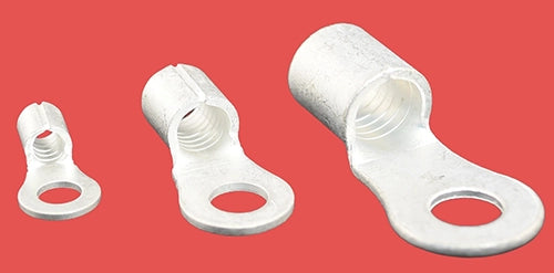 Flat view of three uninsulated ring terminals from the ring side, laid flat in small, medium, and large sizes.