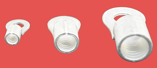 End view of three uninsulated ring terminals displaying wire entry points in small, medium, and large sizes.