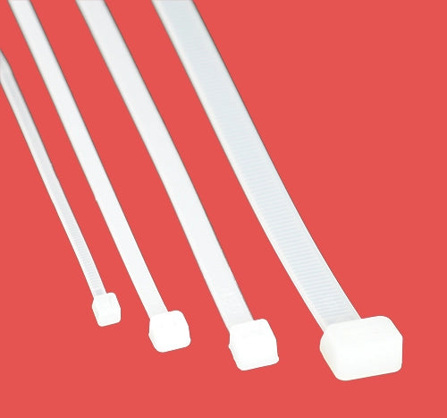 Lineup of white plastic cable ties in four different sizes