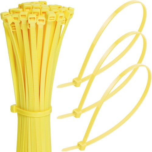 Bundle of yellow cable ties with three zipped yellow ties looped beside it on a white background.