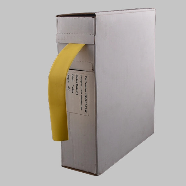 A white box containing 2:1 yellow heat shrink. This is a mini-reel of yellow heat shrink tubing, often used to denote ground or earth wires