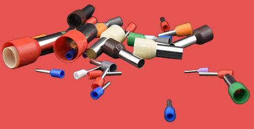 Assorted cord end terminals in French and German colour-coded sleeves – ideal for professional wire terminations