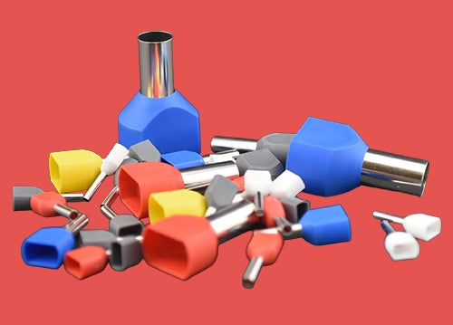 Assorted twin bootlace ferrules – insulated cord end terminals for two wires, mixed sizes and colours