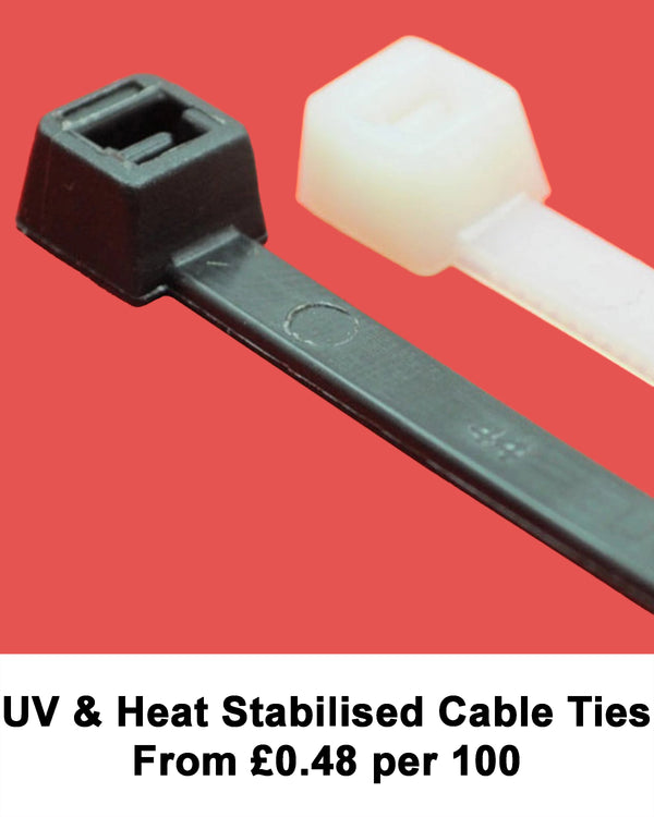 Black and natural UV and heat stabilised cable ties on red background. Contains 2% carbon and heat stabilisers for added UV resistance. Text reads “UV & Heat Resistant Cable Ties From £0.48 per 100.”