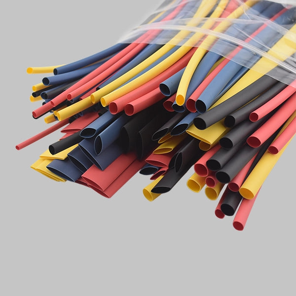 This images is of 100 pieces of assorted 2:1 heat shrink tubing in various sizes and colours. It contains blue, black. red and yellow heat shrink in 200mm lengths from 3.2mm - 12.7mm in diameter