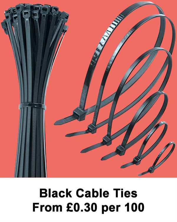 Bundle and looped black cable ties made from Nylon 66, sizes 2.5 mm–12.7 mm on red background. Text reads “Black Cable Ties From £0.30 per 100.”
