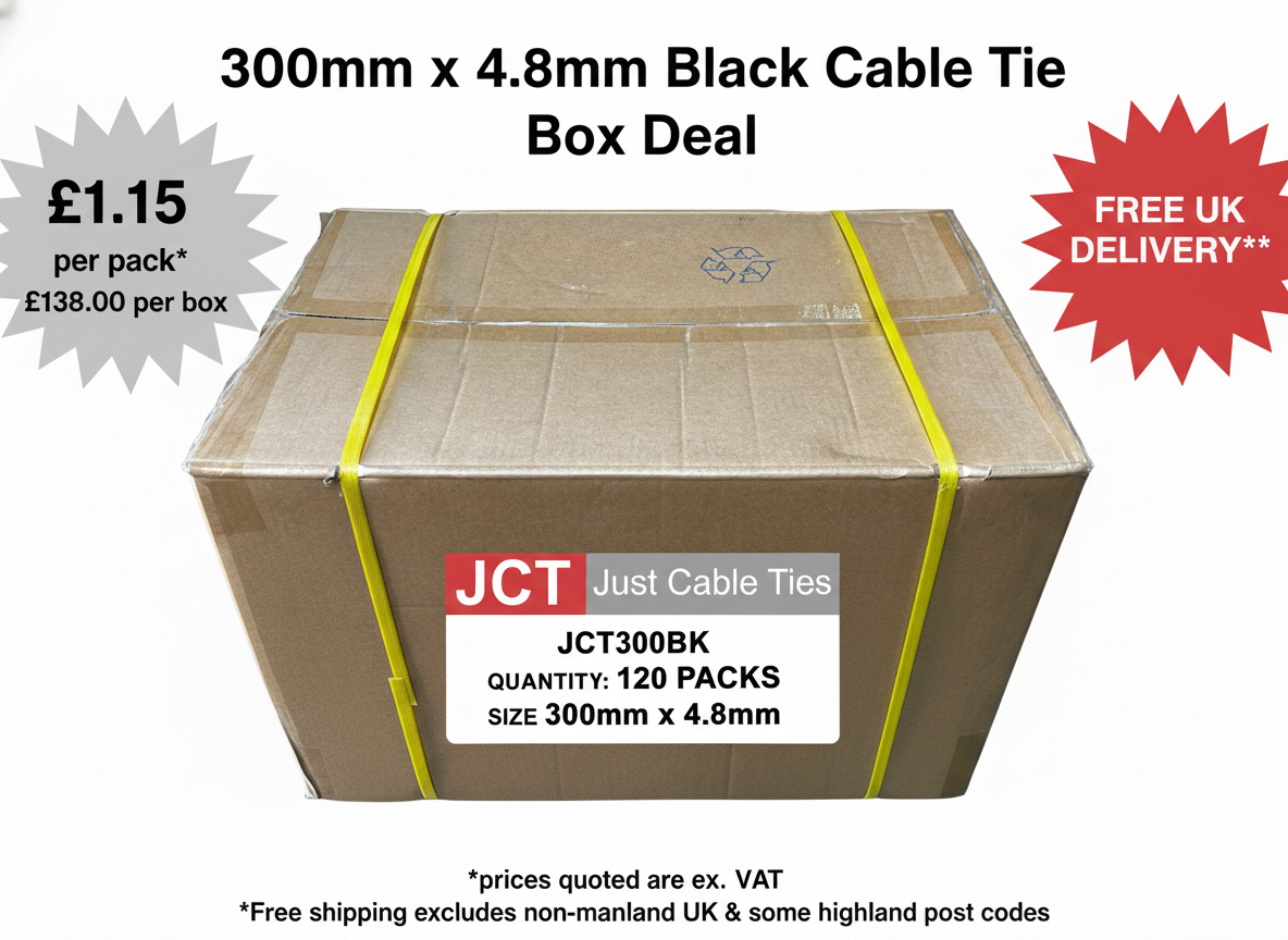 an image showing a box of 300mm x 4.8mm black nylon cable ties. The image has starbursts stating £1.15 per pack and "Free UK Delivery"