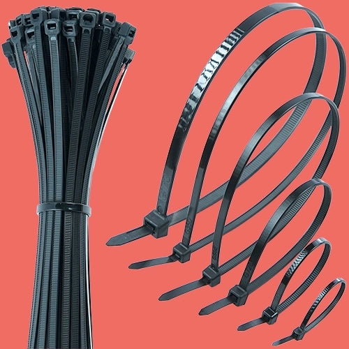 A bundle of black nylon cable ties and a selection of different sizes of black zip ties fastened into a loop to show locking mechanism in action. 