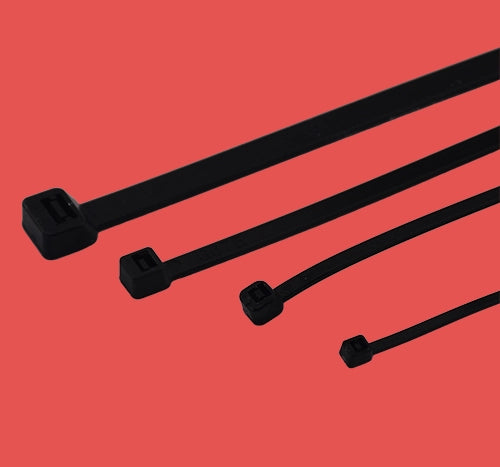 Set of black cable ties in various widths shown on red background