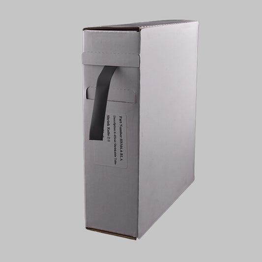 A white box containing 2:1 black heat shrink. This is a mini-reel of black heat shrink.