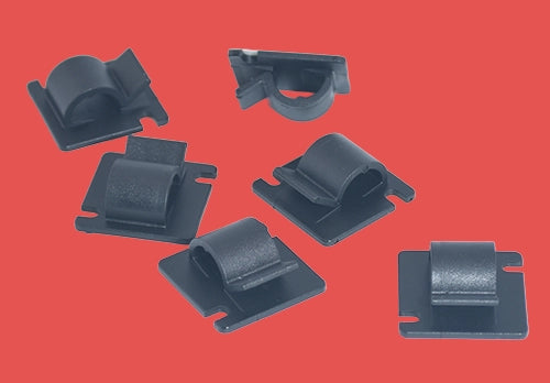 Group of six black nylon cable clips shown from multiple angles for versatile cable management