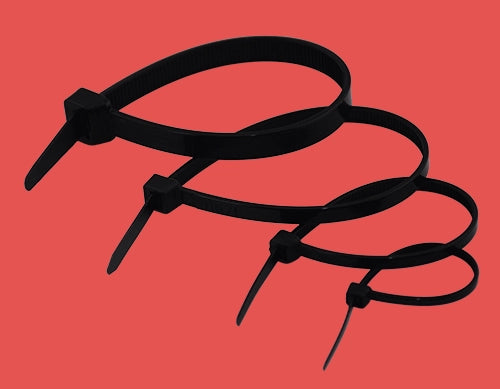 Black zip ties looped and locked to display adjustable size range