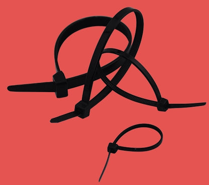 Bundle of black nylon cable ties overlapped to show flexibility