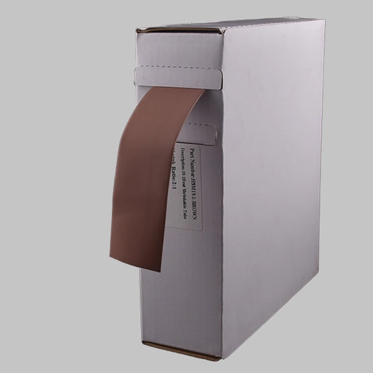 A white box containing 2:1 brown heat shrink. This is a mini-reel of brown heat shrink tubing, often used to denote live wires, especially in single-phase electrical systems. 
