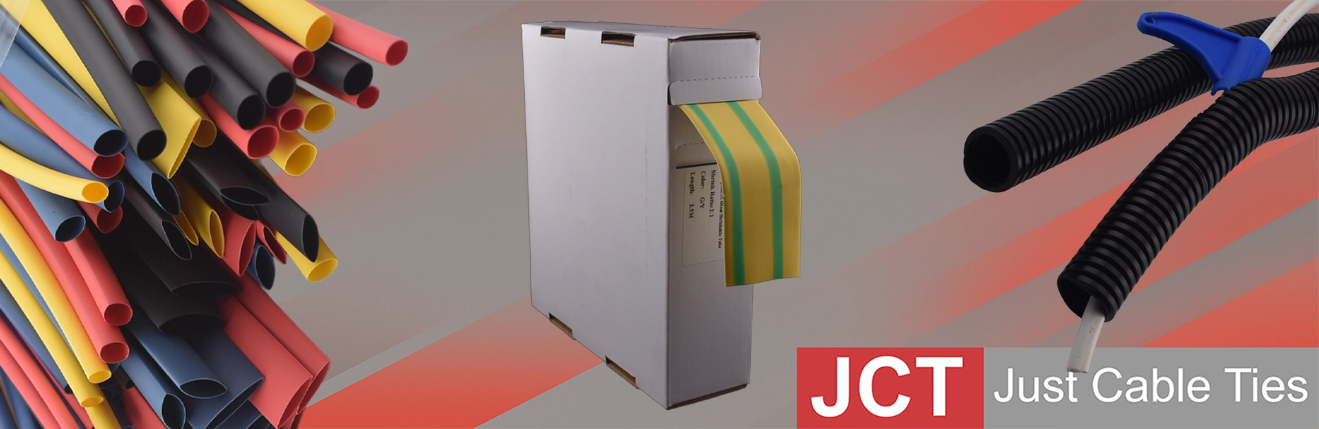 am image showing various sizes of heat shrink in blue, yellow, black and red as well as a box of heat shrink tubing and both non-split and split conduit