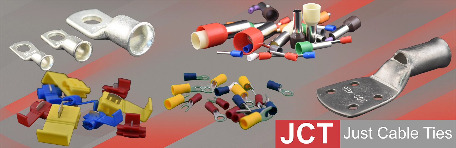 an image showing a selection of crimp terminals, bootlace ferrules, copper tube lugs and transformer plates