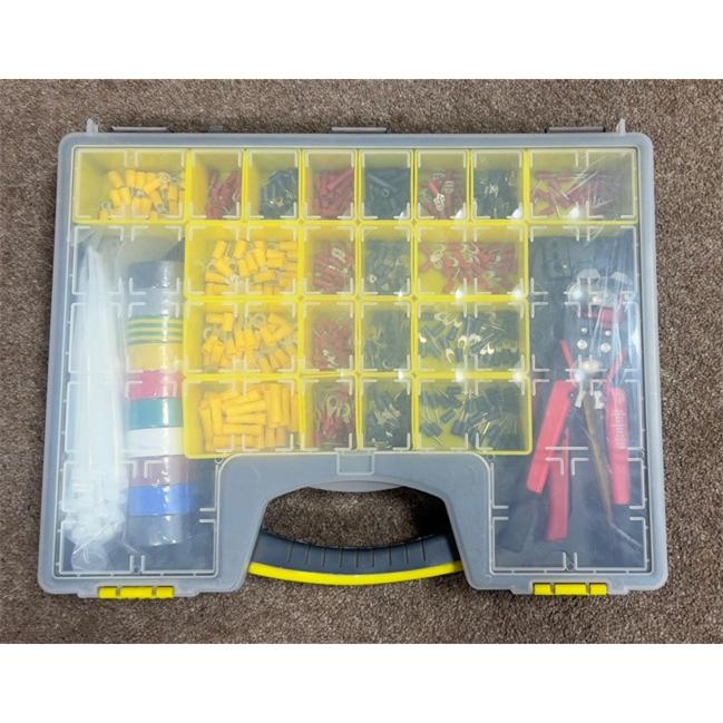 A cable accessory tool kits full of crimps, tools, PVC Tape and Cable Ties
