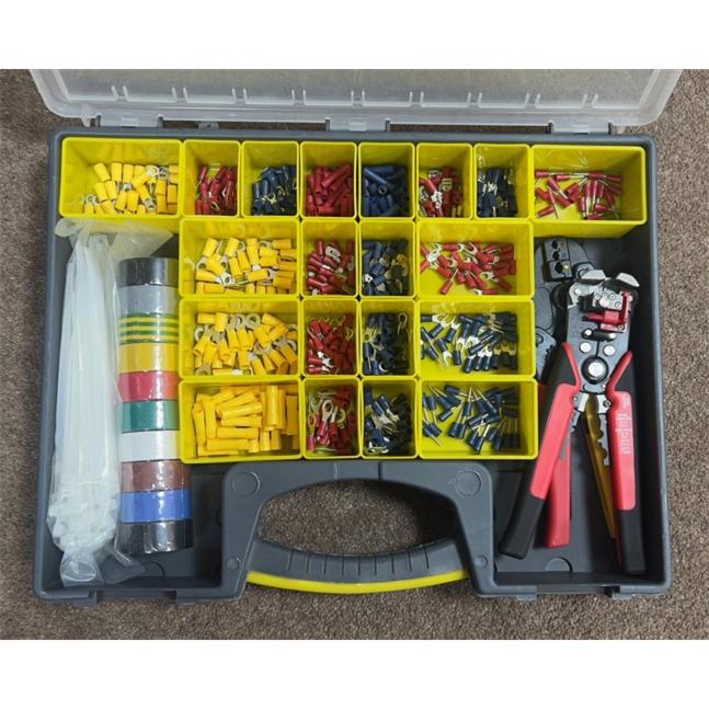 A cable accessory tool kits full of crimps, tools, PVC Tape and Cable Ties