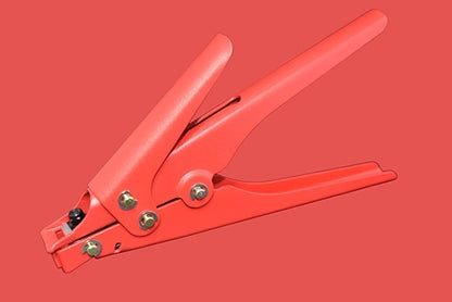 Heavy-duty manual cable tie gun for large nylon cable ties, featuring an aluminum frame and carbon steel cutting blade.