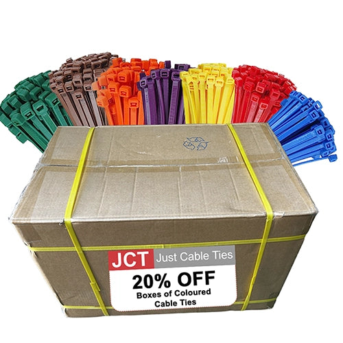 An image showing a cable tie box offering 20% off boxes of coloured cabe ties. Behind this are green, brown, orange, purple, yellow, red and blue cable ties. 