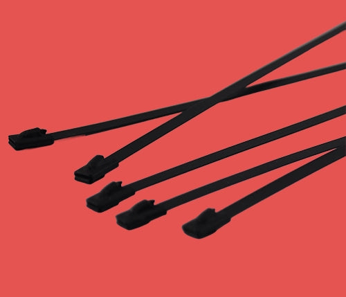 Group of black epoxy coated stainless steel cable ties arranged side by side