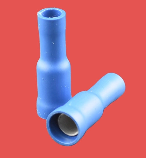 Blue pre-insulated female bullet crimps for 1.5–2.5mm² wire sizes.
