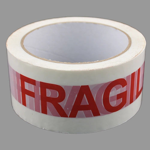 Fragile packing tape, red letters on white background laying flat