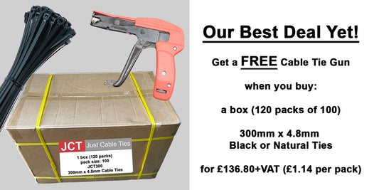 An image displaying an offer for a free cable tie gun when you buy a box of 300mm x 4.8mm black or natural zip ties