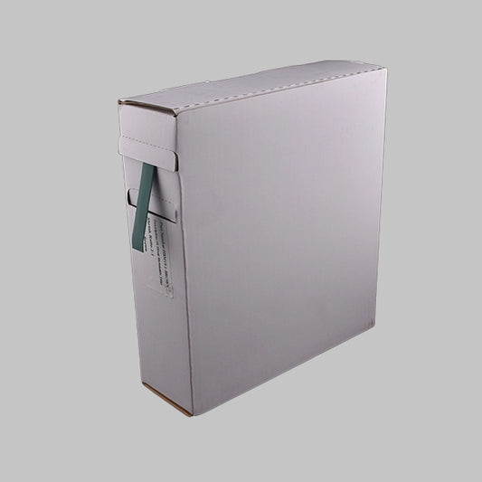 This image show a white box with a green roll of heat shrink. This is a 2:1 heat shrink tubing often used for colour identification or to denote ground or earth