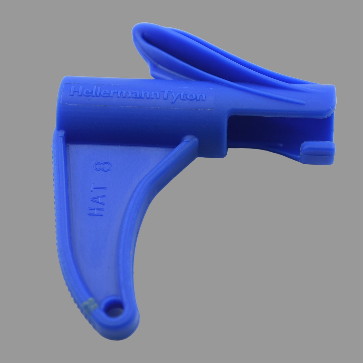 Blue split conduit installation tool showing HellermannTyton branding