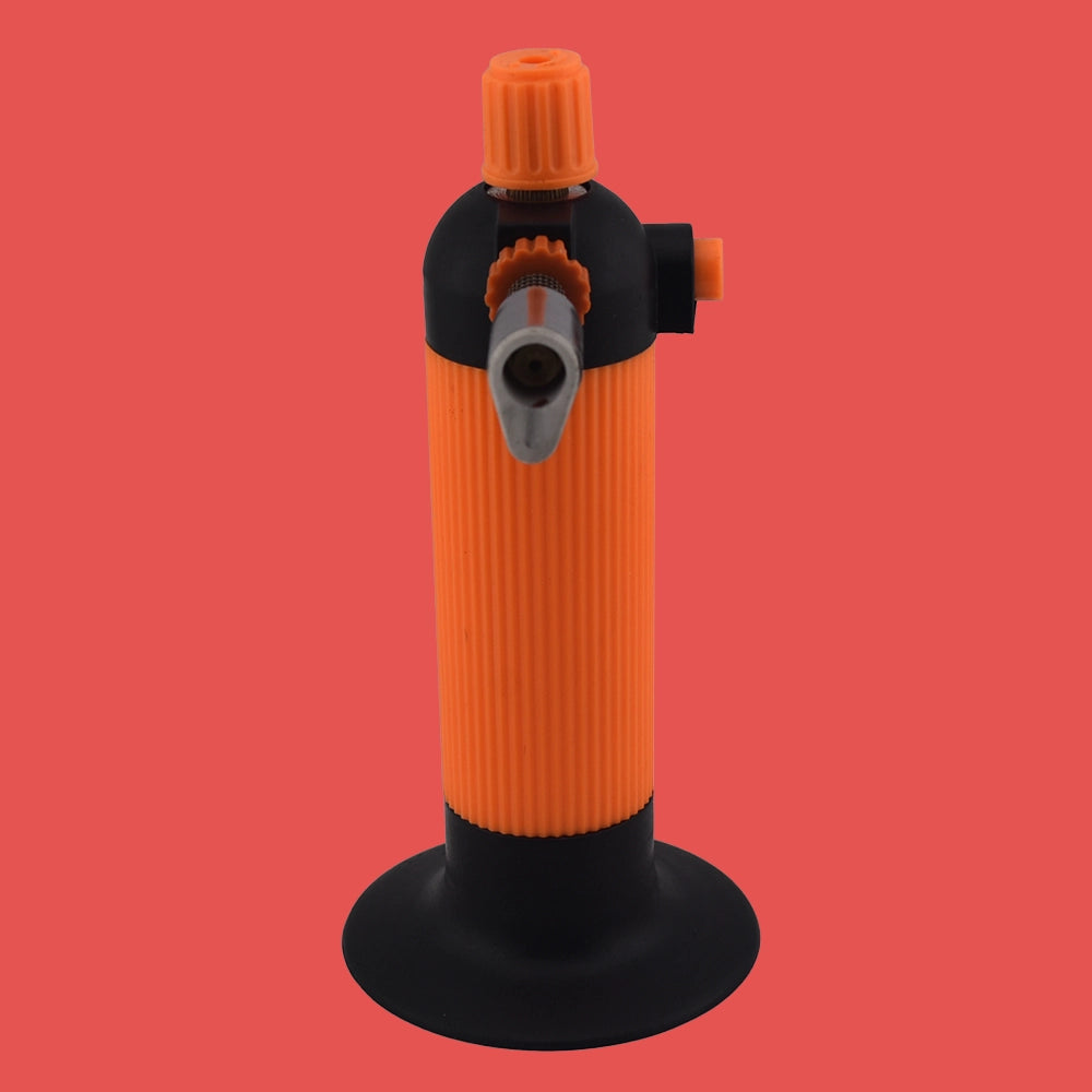front view showing the nozzle of an orange and black butane torch for heat shrink