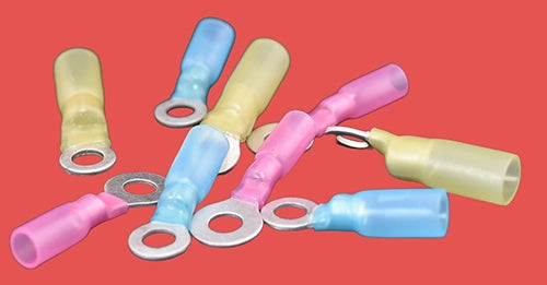 Assorted heat shrink ring terminals – red, blue, and yellow insulated crimp connectors for 0.5–6.0mm² cables