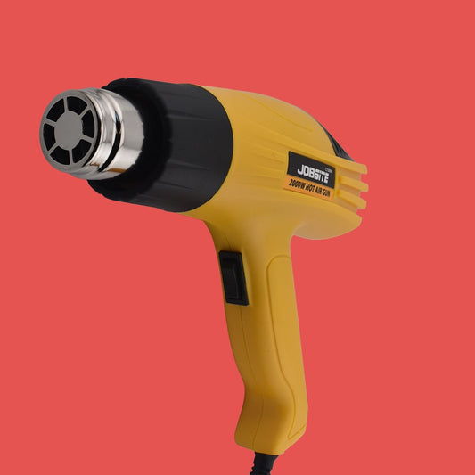 a yellow and black 2000w electric heat shrink heat gun showing the nozzle. 