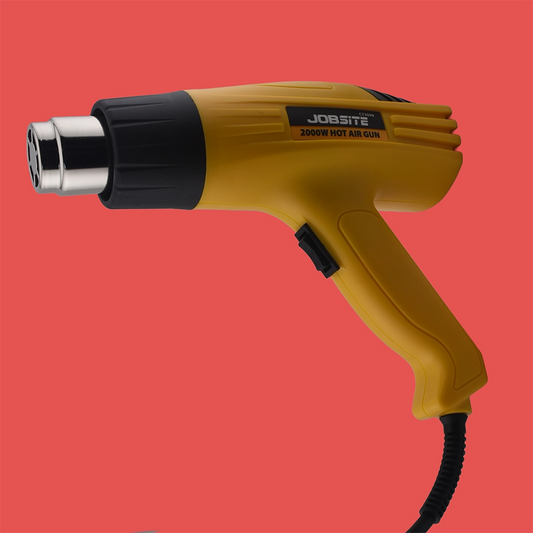 side view of a yellow and black 2000w jobsite hot air gun. 