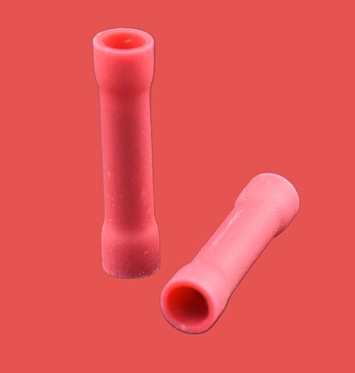 Red insulated butt connectors for 0.5–1.5mm² wire sizes.