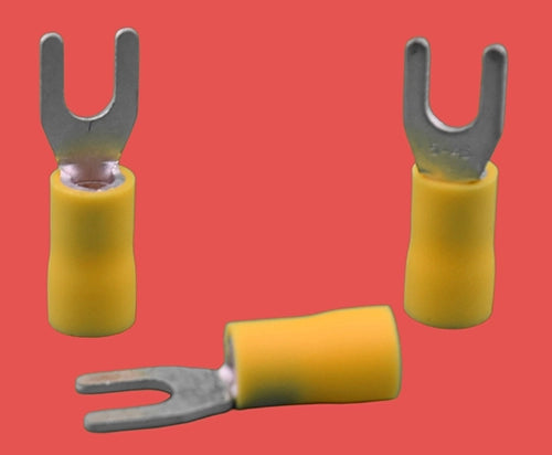 Yellow insulated fork crimp terminals displayed from multiple angles – ideal for 12–10 AWG wire connections.