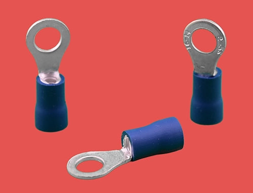 Blue insulated ring terminals for 1.5–2.5mm² wire sizes.