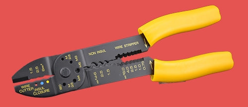 Multi-function wire crimper and stripper tool with black metal body and yellow grip handles, featuring multiple die sizes for wire stripping and terminal crimping
