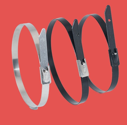 Three stainless steel cable ties fastened into loops: one uncoated, one PVC coated, and one epoxy coated