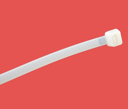 Side view of clear nylon zip tie highlighting locking teeth