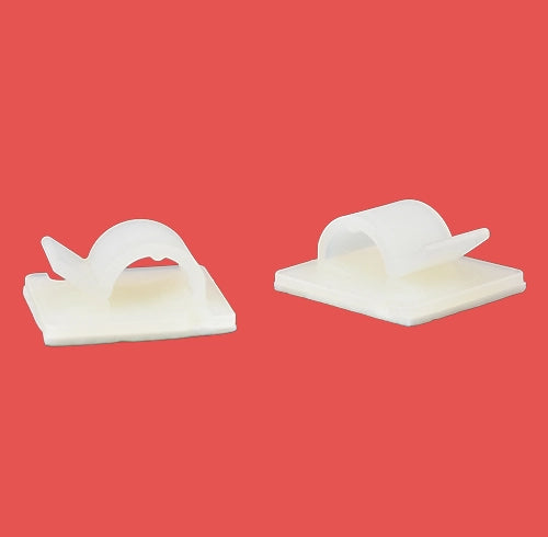 Two natural nylon cable clips shown from top and side angles to highlight mounting style