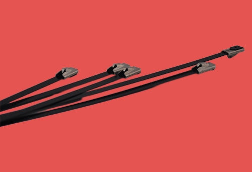 Multiple black PVC coated stainless steel cable ties laid flat to display coating and design
