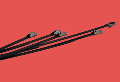 Multiple black PVC coated stainless steel cable ties laid flat to display coating and design