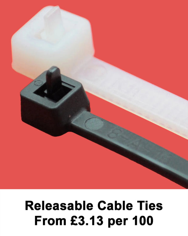 Black and natural releasable cable ties featuring push-tab release heads on a red background. Text at the bottom reads “Releasable Cable Ties From £3.13 per 100.”