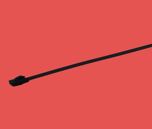 Close-up of one epoxy coated stainless steel cable tie showing self-locking head and black coating